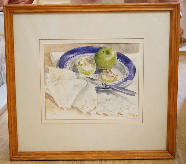 M. Celia Rushton, Still life of apples, cut and whole, monogrammed, The Mall Galleries inscribed label verso, 22 x 26cm